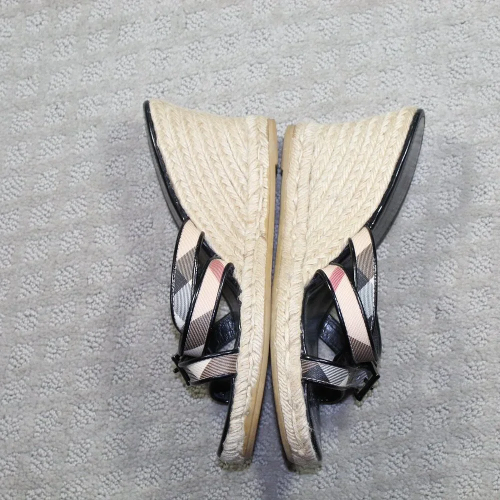 Burberry Beige Nova Check Canvas Espadrille Wedge Thong Sandals EU 39 US 8.5